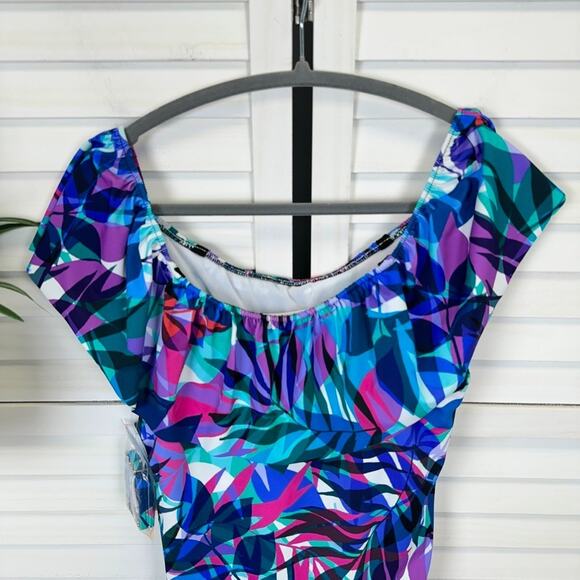 New Swim Solutions Off Shoulder Swimsuit Tropical Multi Slimming Size 14 - Picture 6 of 11